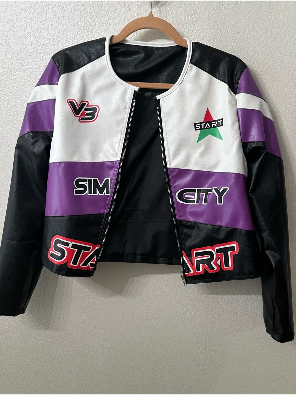 Sim City Colorblock Faux Leather Jacket - White, Purple, Black